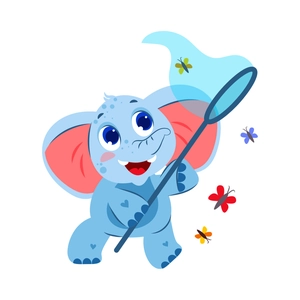 Détail d'un autocollant mural éléphant bleu mignon avec papillons colorés pour chambre d'enfant