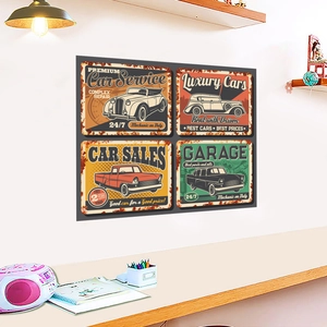 Macro view of four vintage metal car signs with rusty edges for wall decoration