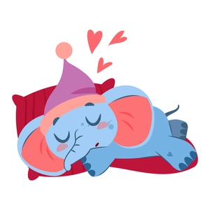 Sticker mural petit éléphant mignon dormant sur un oreiller rouge avec bonnet de nuit rose