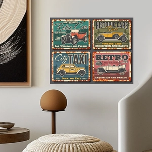 Detailed set of four vintage metal posters with retro car designs and industrial rust finish