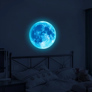 Luminous blue moon wall sticker with realistic crater texture glowing in dark bedroom