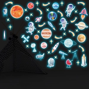 Luminous space wall decals with glowing astronauts, planets, and rockets for kids' room