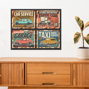 Set of four vintage car service metal wall art signs displayed on a white living room wall