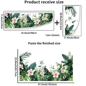 Detailed size chart for tropical leaf wall stickers featuring monstera and hibiscus motifs