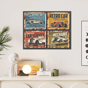 Set of four vintage car tin signs featuring rustic metal textures for home wall decor