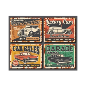 Detailed view of four vintage metal signs featuring classic car designs and retro typography