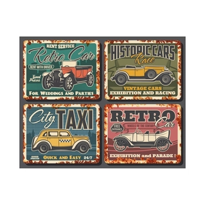 Detailed view of four vintage car posters with rustic texture and retro color palette