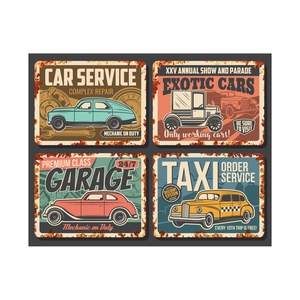 Set of four vintage metal tin signs featuring classic car garage and taxi service designs