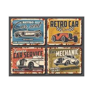 Set of four vintage metal signs featuring classic cars for retro wall decor and garage style