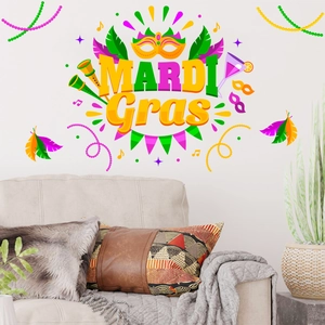 Colorful Mardi Gras wall stickers with masks and feathers for home party decoration