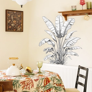 Detail of banana leaf wall sticker in hand-drawn line art style for home dining room decor