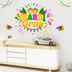 Colorful Mardi Gras wall decals with masks and feathers for festive home party decor