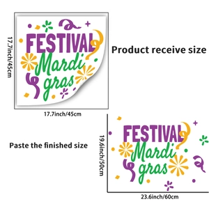 Détail du sticker mural Mardi Gras avec dimensions de la planche et du rendu