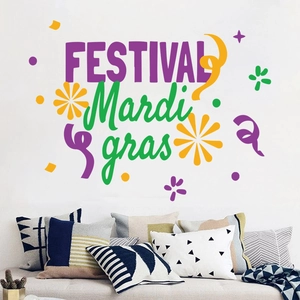 Sticker mural coloré Mardi Gras pour salon avec décor festif en violet et jaune vif