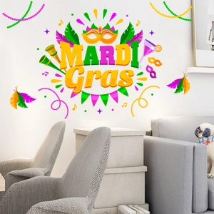 Detail of colorful Mardi Gras wall stickers with masks and feathers in a living room setup