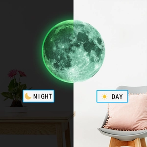 Detailed comparison of 3D moon wall sticker showing luminous glow in dark and daylight view