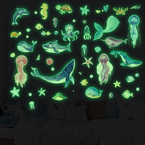 Glow in the dark ocean themed wall stickers set with luminous whales and dolphins