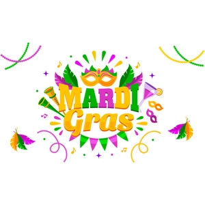 Colorful Mardi Gras party wall stickers featuring masks, feathers and festive ornaments