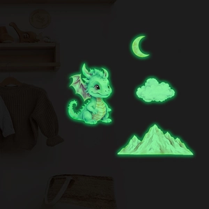 Luminous wall stickers set featuring a glowing green dinosaur, crescent moon, and mountains