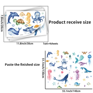 Detail showing dimensions of 4-sheet watercolor ocean animal wall stickers for kids