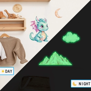 Luminous wall stickers set showing watercolor dinosaurs and moon in day and night contrast