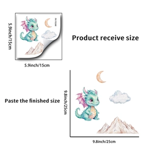 Luminous cartoon dragon wall sticker with moon and clouds showing size specifications