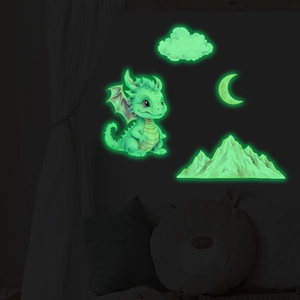 Detailed view of luminous dinosaur wall stickers glowing in the dark for kids room decoration