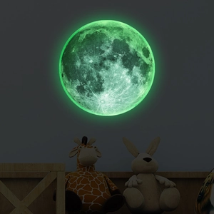 Detailed macro view of glow-in-the-dark moon wall sticker with green luminous lunar texture