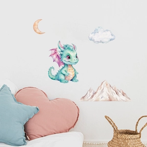 Detailed view of watercolor dinosaur and moon wall stickers in a cozy nursery room setting