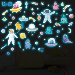 Luminous glow-in-the-dark space wall stickers with astronauts, UFOs and stars for kids room