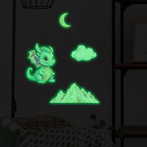 Glow In The Dark Dinosaur Moon Cloud Mountain Wall Stickers Watercolor Cartoon PVC Nursery Kids Room Decorative Decals