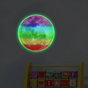 Luminous rainbow moon wall sticker featuring detailed lunar craters and green glow effect