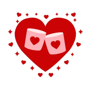 Valentine couple mugs illustration featuring pink hearts and festive romantic pattern
