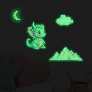 Luminous glow-in-the-dark wall stickers featuring a green dragon, moon, and mountains