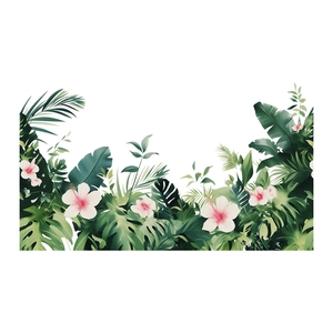 Detail of tropical wall sticker featuring pink hibiscus flowers and monstera leaves