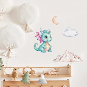 Luminous watercolor dinosaur wall decals with moon and clouds for kids' nursery room