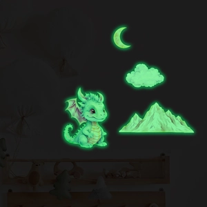 Glow-in-the-dark wall stickers featuring a cartoon dinosaur, moon, and clouds for kids' rooms