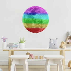 Rainbow glowing moon wall sticker with crater texture in modern kids room decoration