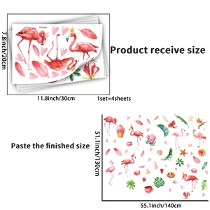 Detailed sheet layout of pink flamingo and tropical plant wall stickers with size dimensions