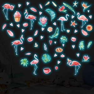 Luminous flamingo and ocean themed wall stickers with glowing neon effect for room decor