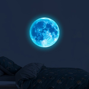 Close-up of glowing moon wall sticker showing realistic lunar craters and blue light
