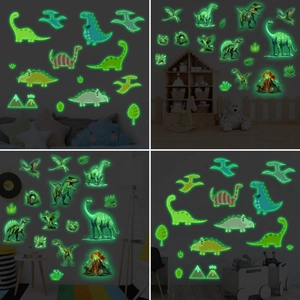 Stickers Muraux Dinosaure Lumineux en PVC Dessin Animé Tyrannosaure Volcan Décalcomanies pour Décoration Chambre d'Enfant