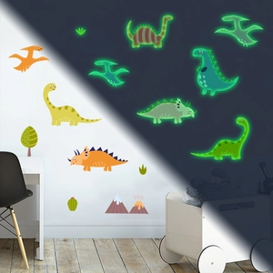Stickers dinosaures fluorescents montrant l'effet de jour et de nuit pour chambre d'enfant