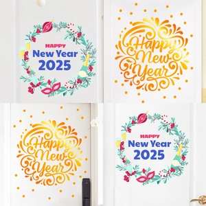 2025 Happy New Year Door Stickers PVC Waterproof Wall Decals Gold Lettering Floral Wreath Window Clings For Home Living Room Party Decoration
