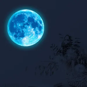 Detailed close-up of a blue glowing moon wall sticker with realistic lunar crater textures