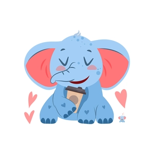 Niedlicher blauer Elefant Wandaufkleber mit Kaffeetasse und rosa Herzdekoration