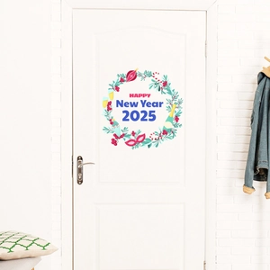 Festive 2025 Happy New Year door sticker featuring a colorful wreath and holiday icons