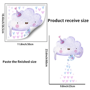 Detailed size guide for cloud and heart wall decals showing product dimensions