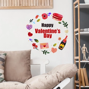 Romantic Happy Valentine's Day wall decal with red hearts and flowers for home decoration