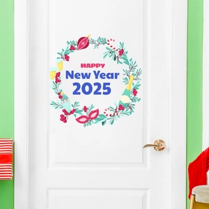 Festive Happy New Year 2025 door decal stickers with champagne and party mask designs